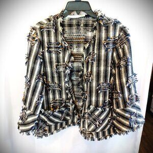 Lauren Vidal Ladies Jacket Boho Hobo Style Black White Tan Fringe Rag Tag Sz M/L